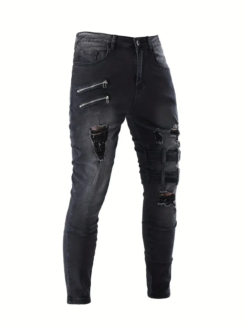 "Herr biker jeans i avslappnad denim med quiltade detaljer, blå färg, avslappnad passform för stil och komfort."
