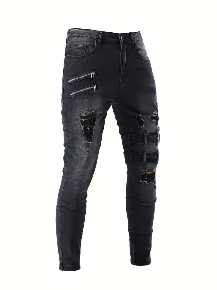 "Herr biker jeans i avslappnad denim med quiltade detaljer, blå färg, avslappnad passform för stil och komfort."