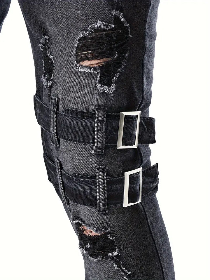 "Herr biker jeans i avslappnad denim med quiltade detaljer, blå färg, avslappnad passform för stil och komfort."