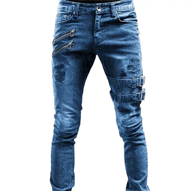 "Herr biker jeans i avslappnad denim med quiltade detaljer, blå färg, avslappnad passform för stil och komfort."