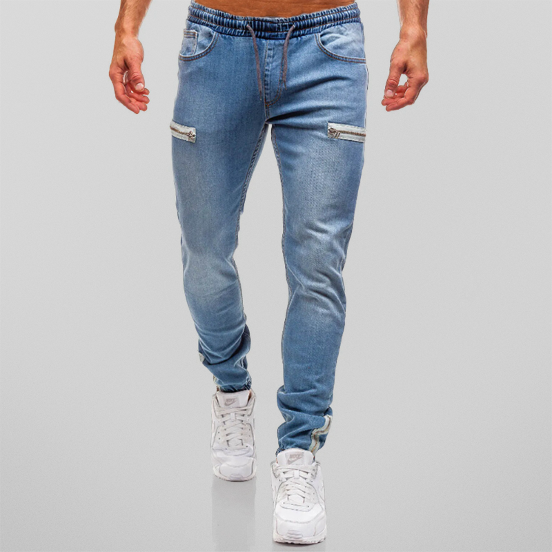 "Herr denim joggingbyxor med mjuk bomull, hög midja och dekorativa blixtlåsstängningar för stil och komfort."