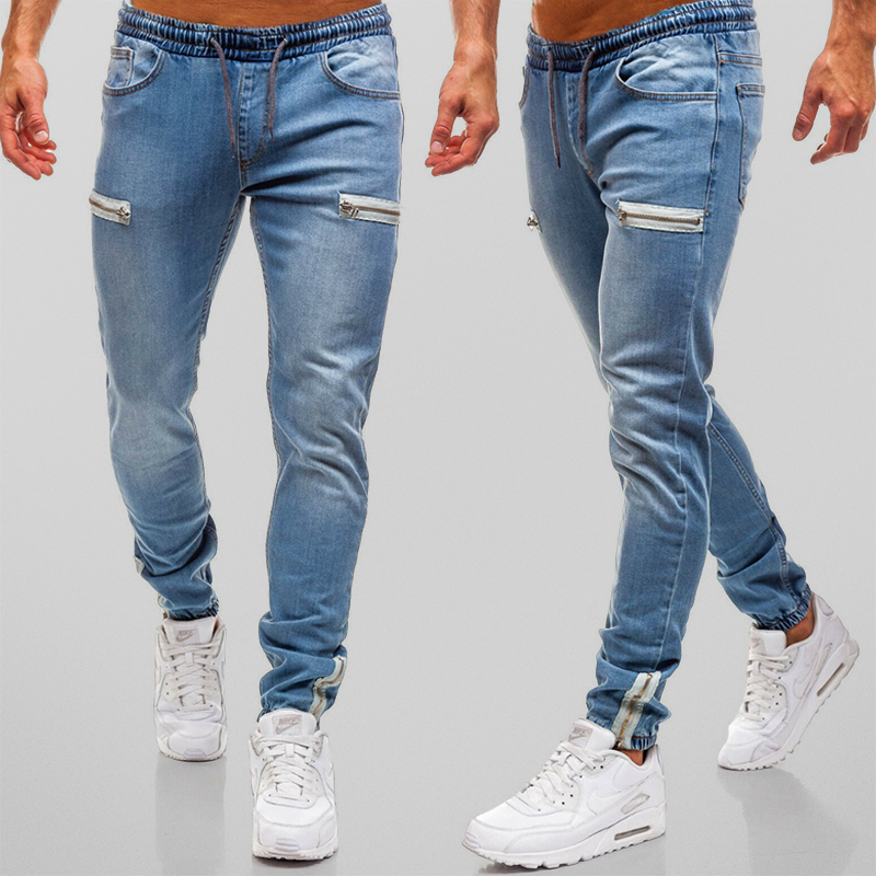 "Herr denim joggingbyxor med mjuk bomull, hög midja och dekorativa blixtlåsstängningar för stil och komfort."