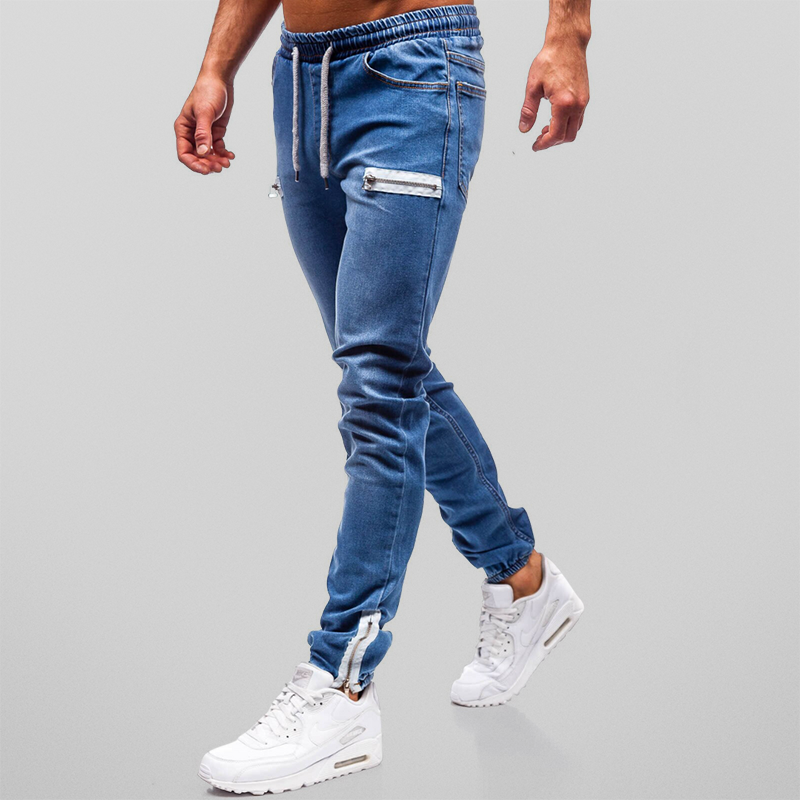 "Herr denim joggingbyxor med mjuk bomull, hög midja och dekorativa blixtlåsstängningar för stil och komfort."