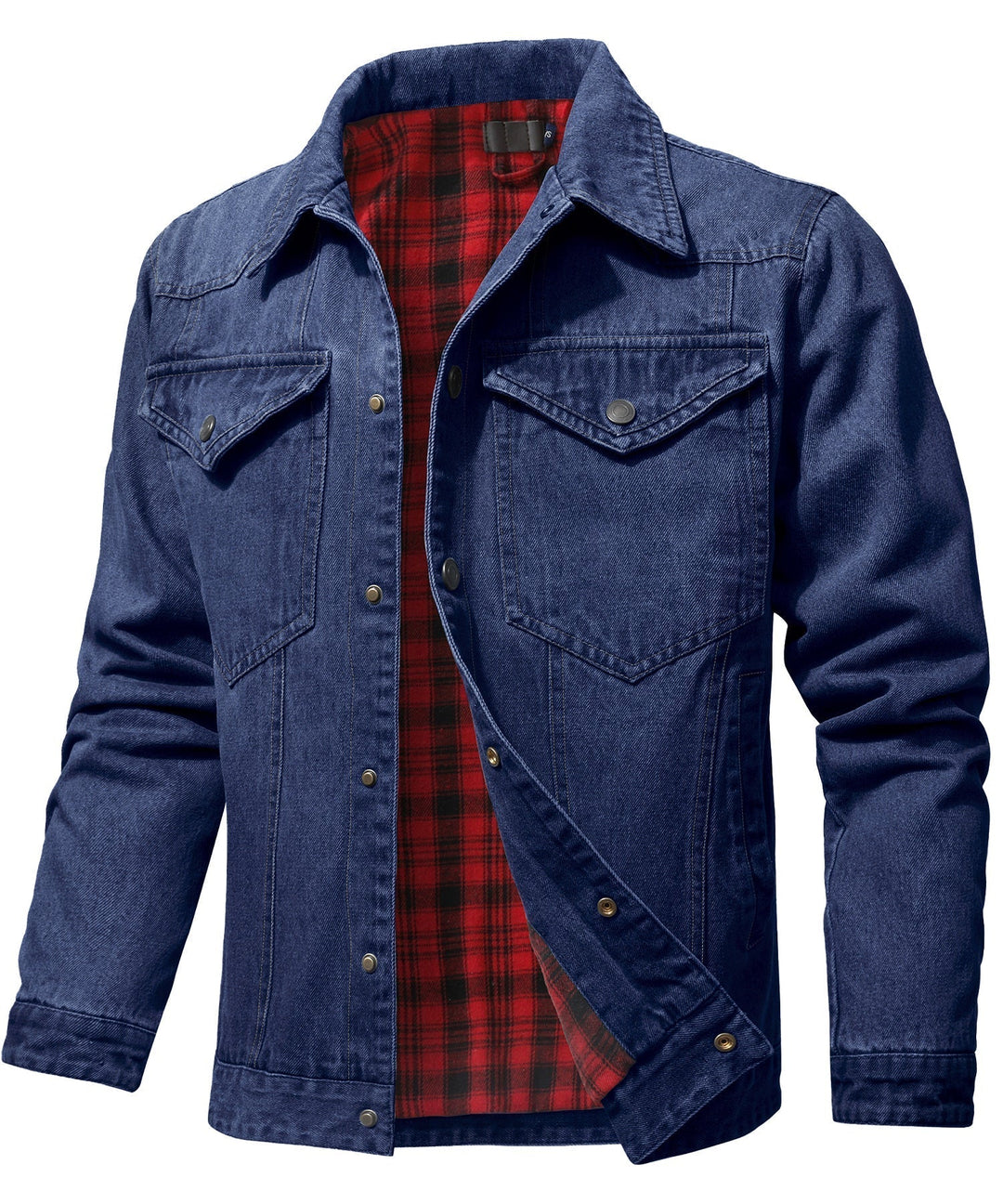 "Herr denimjacka, flanellfoder, framifrån, tidlös design, robust denim, varm och stilfull, justerbara knäppärmar"