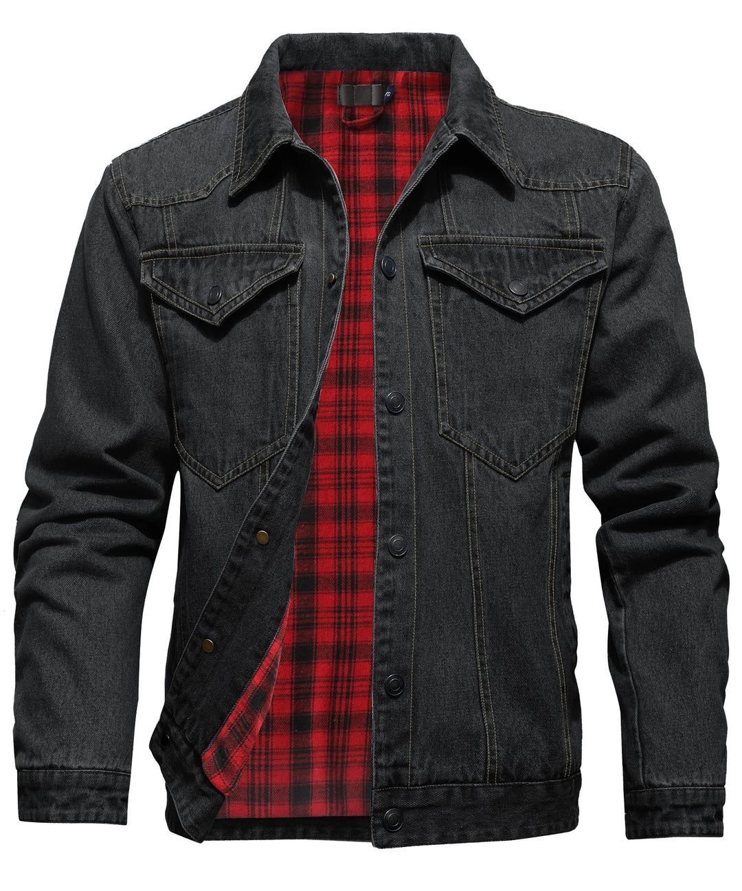 "Herr denimjacka, flanellfoder, framifrån, tidlös design, robust denim, varm och stilfull, justerbara knäppärmar"