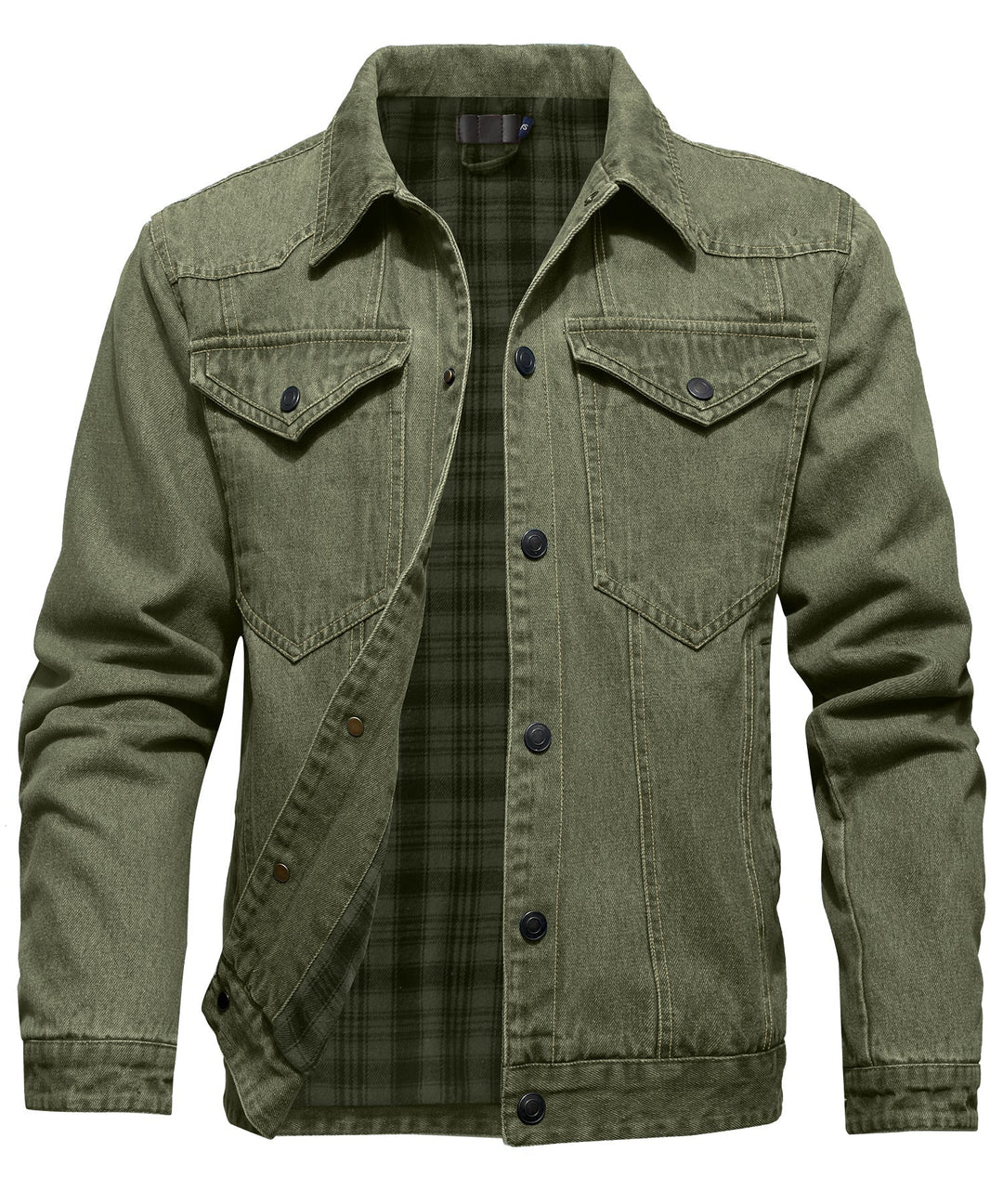"Herr denimjacka, flanellfoder, framifrån, tidlös design, robust denim, varm och stilfull, justerbara knäppärmar"