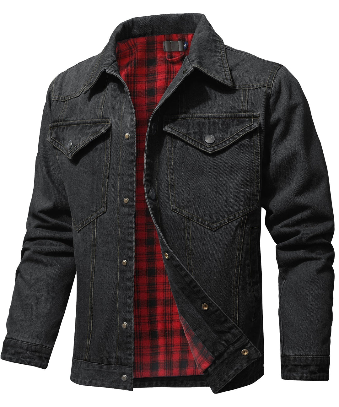 "Herr denimjacka, flanellfoder, framifrån, tidlös design, robust denim, varm och stilfull, justerbara knäppärmar"