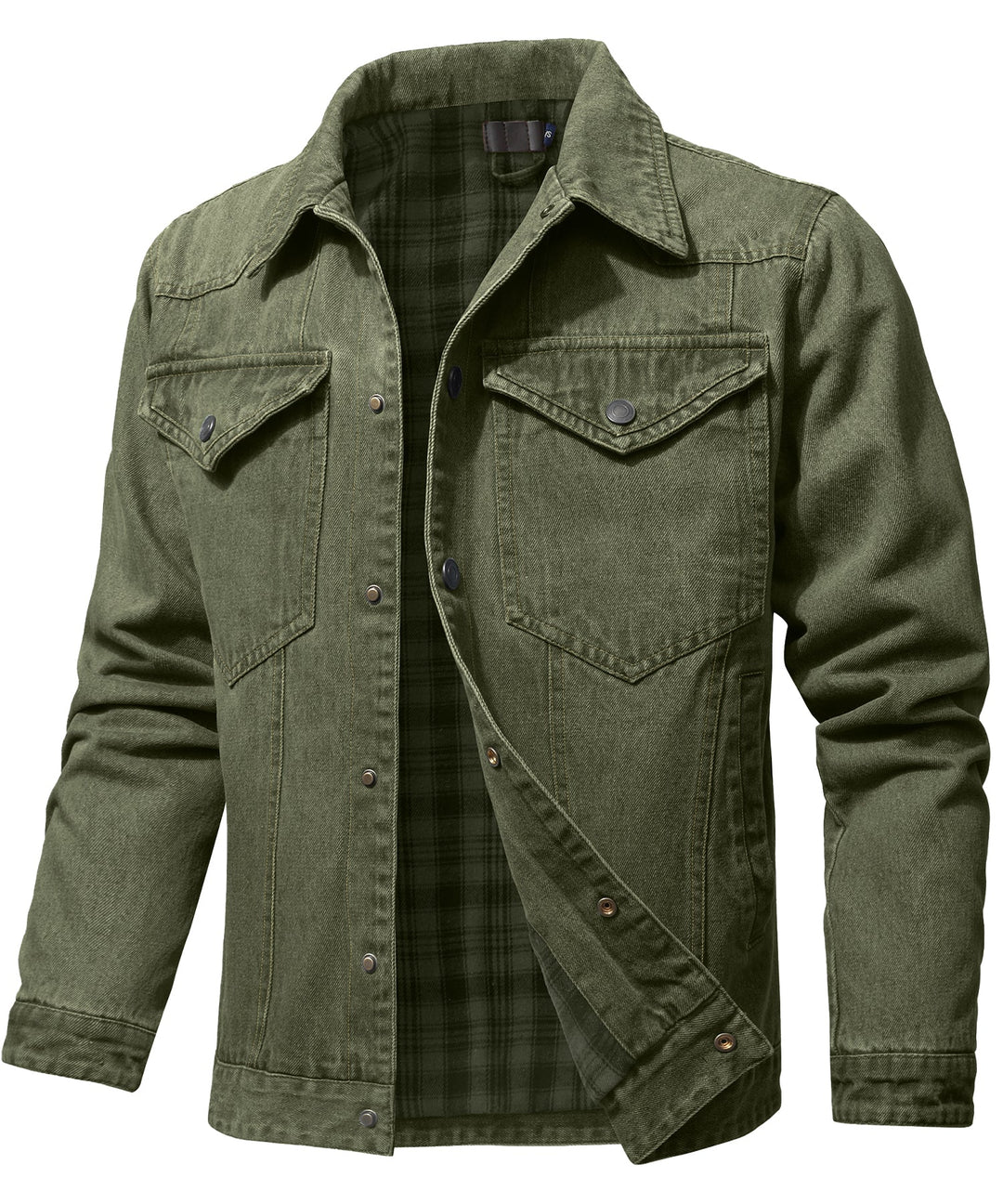 "Herr denimjacka, flanellfoder, framifrån, tidlös design, robust denim, varm och stilfull, justerbara knäppärmar"