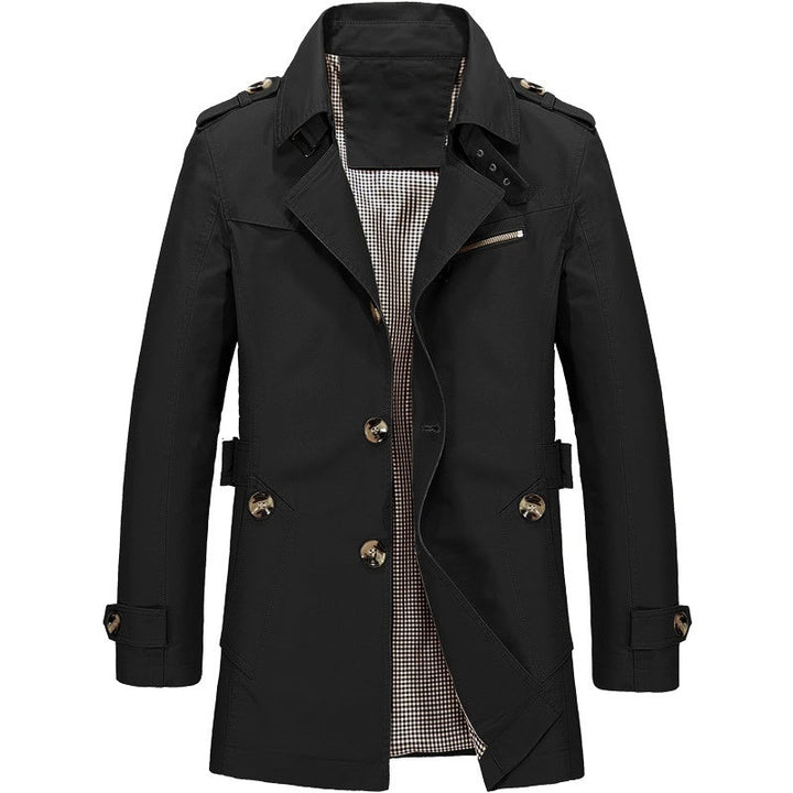 "Herr dubbelknäppt trenchcoat med strukturerad passform, elegant design, justerbara manschetter, klassisk herrjacka"