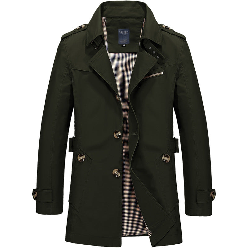 "Herr dubbelknäppt trenchcoat med strukturerad passform, elegant design, justerbara manschetter, klassisk herrjacka"