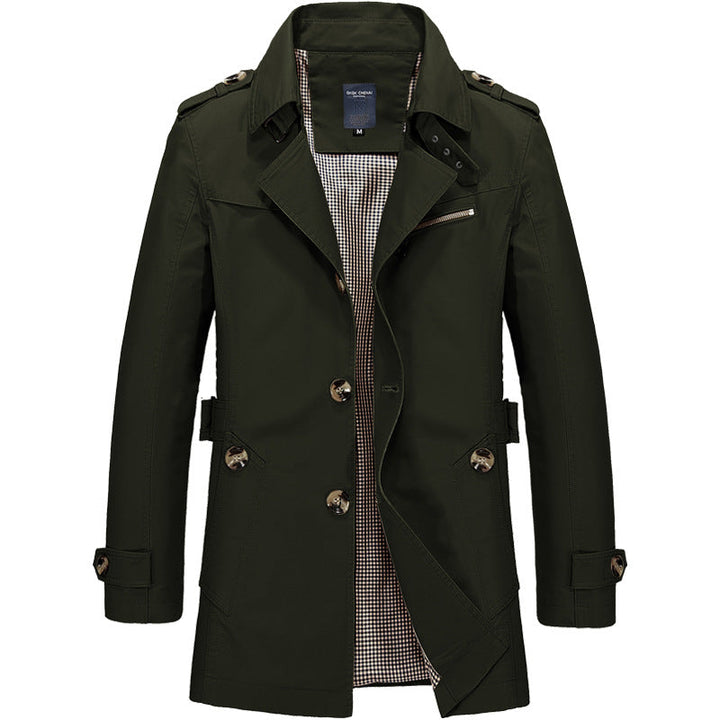 "Herr dubbelknäppt trenchcoat med strukturerad passform, elegant design, justerbara manschetter, klassisk herrjacka"