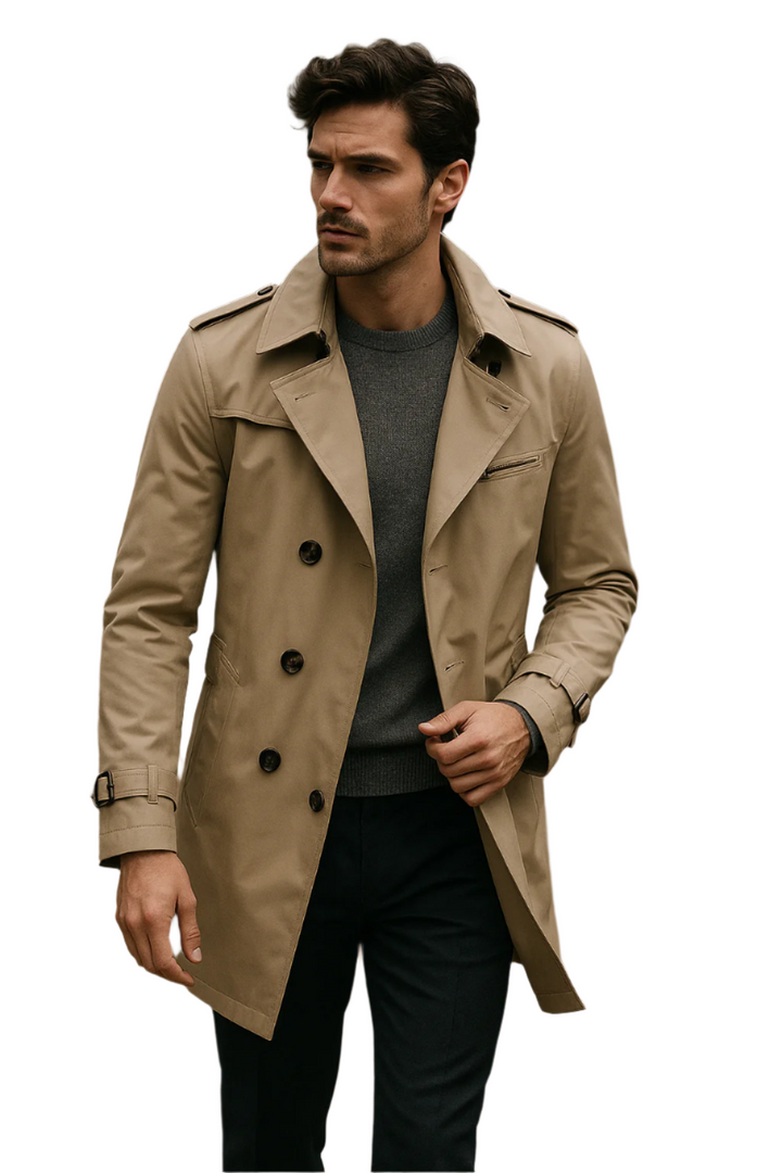 "Herr dubbelknäppt trenchcoat med strukturerad passform, elegant design, justerbara manschetter, klassisk herrjacka"