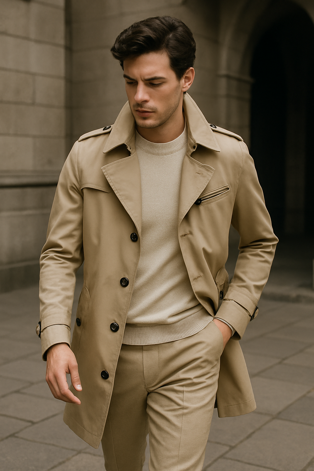 "Herr dubbelknäppt trenchcoat med strukturerad passform, elegant design, justerbara manschetter, klassisk herrjacka"