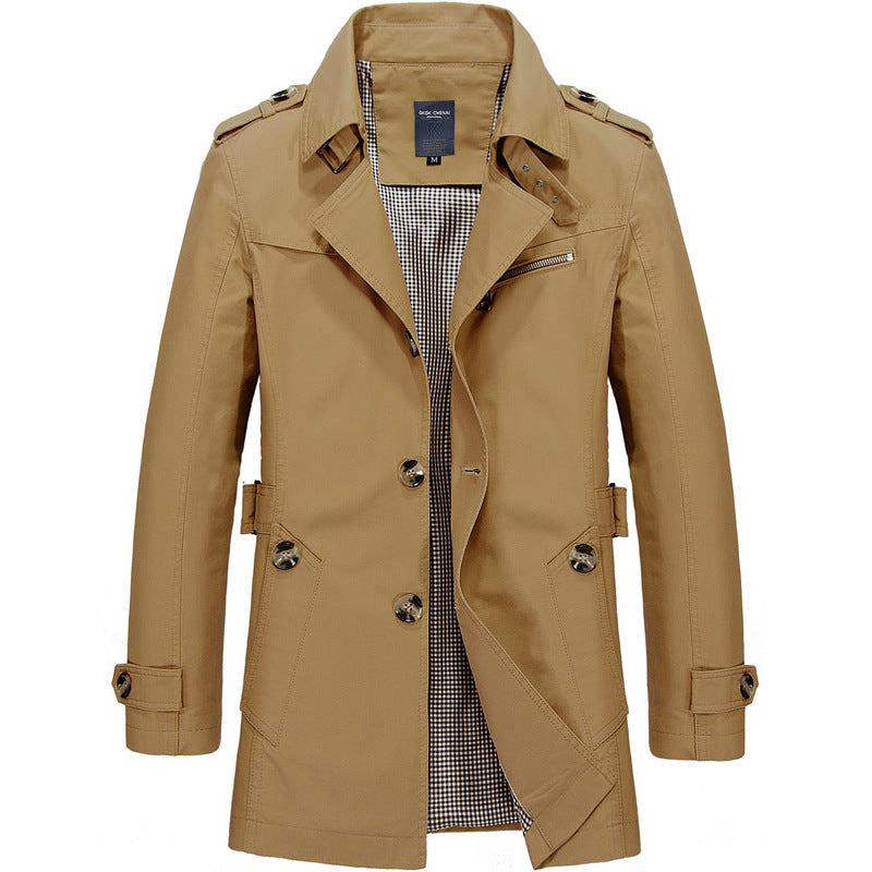 "Herr dubbelknäppt trenchcoat med strukturerad passform, elegant design, justerbara manschetter, klassisk herrjacka"