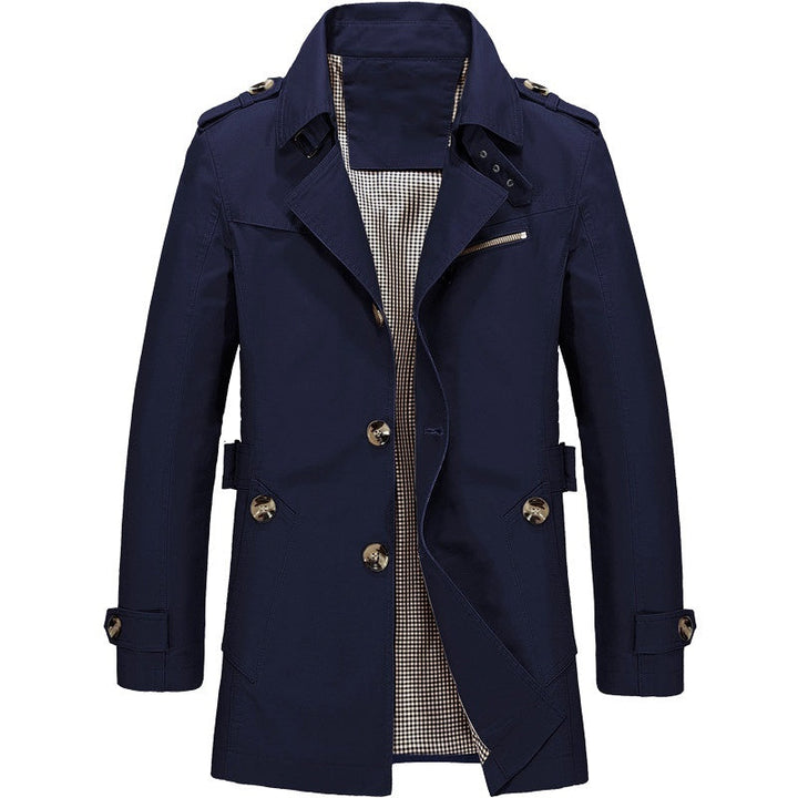 "Herr dubbelknäppt trenchcoat med strukturerad passform, elegant design, justerbara manschetter, klassisk herrjacka"
