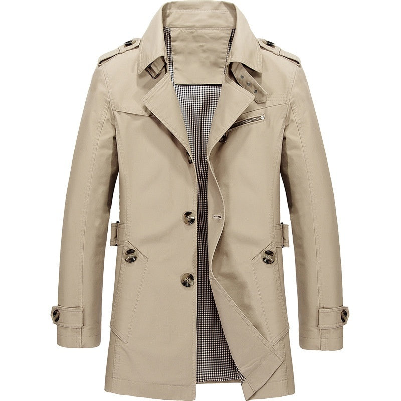 "Herr dubbelknäppt trenchcoat med strukturerad passform, elegant design, justerbara manschetter, klassisk herrjacka"
