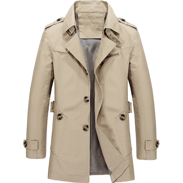 "Herr dubbelknäppt trenchcoat med strukturerad passform, elegant design, justerbara manschetter, klassisk herrjacka"