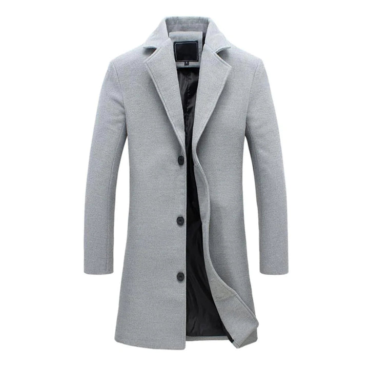 "Herr lång vinterjacka, stilig design framifrån, elegant snitt, neutral ton, perfekt för kyligt väder."