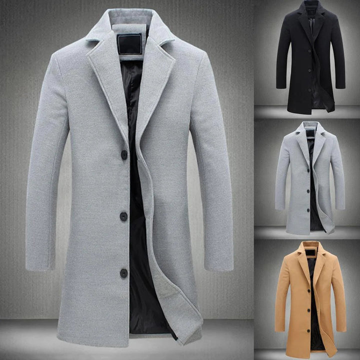 "Herr lång vinterjacka, stilig design framifrån, elegant snitt, neutral ton, perfekt för kyligt väder."
