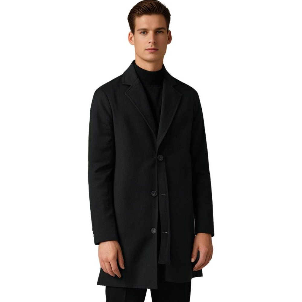 "Herr lång vinterjacka, stilig design framifrån, elegant snitt, neutral ton, perfekt för kyligt väder."