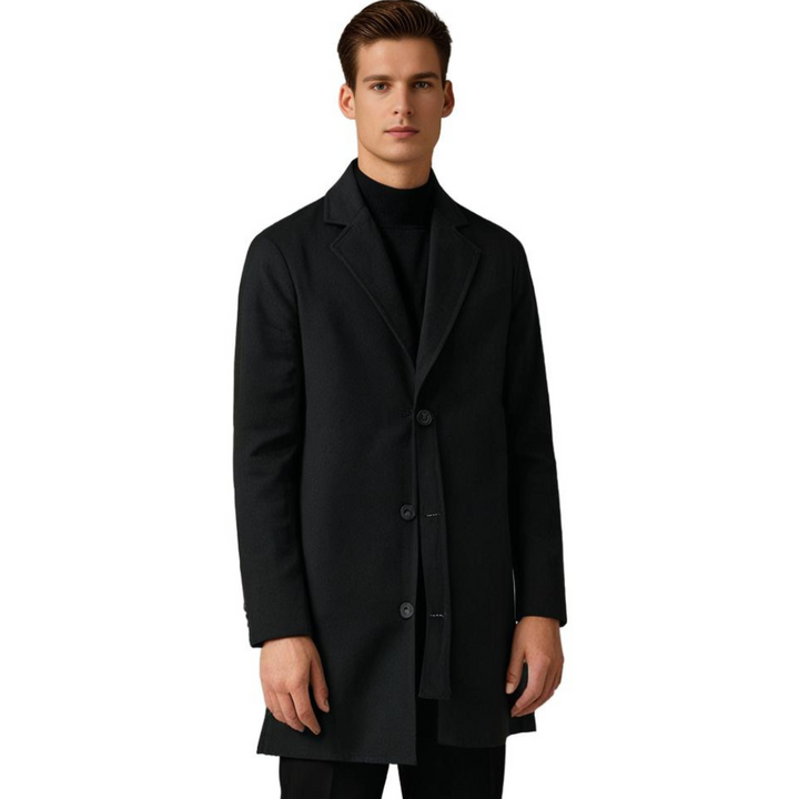 "Herr lång vinterjacka, stilig design framifrån, elegant snitt, neutral ton, perfekt för kyligt väder."
