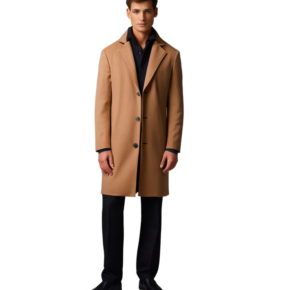 "Herr lång vinterjacka, stilig design framifrån, elegant snitt, neutral ton, perfekt för kyligt väder."