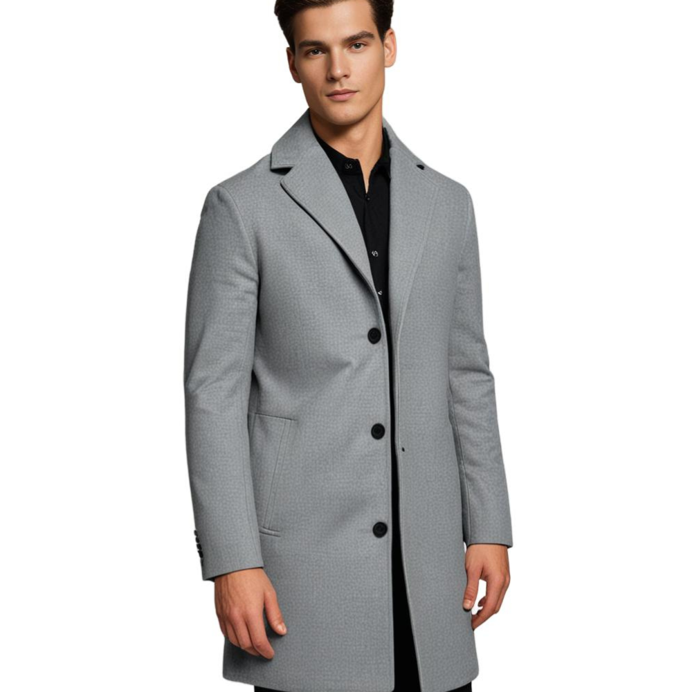 "Herr lång vinterjacka, stilig design framifrån, elegant snitt, neutral ton, perfekt för kyligt väder."