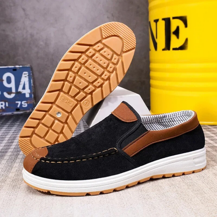 "Herr loafers plusstorlek, lättvikt, vintage design, slip-on, bomullstyg, tidlös stil, perfekt passform för större fötter"