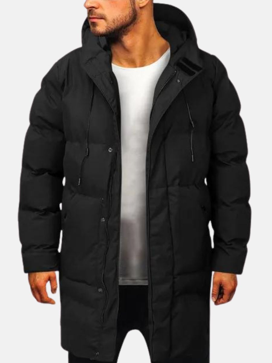 "Herr parka jacka i stilren vinterstil med minimalistisk design, isolerande och bekväm för kalla dagar."