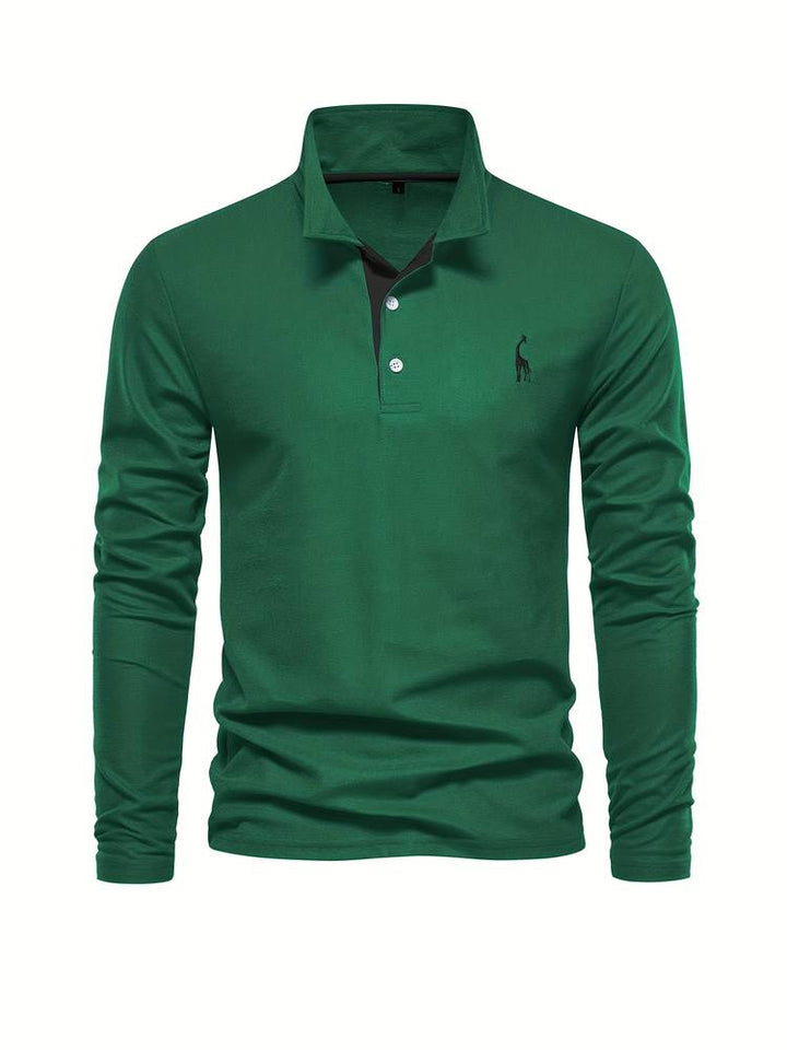 "Herr poloshirt med långa ärmar, bomullsblandning, subtila kontrasterande detaljer, modern stil och komfort."