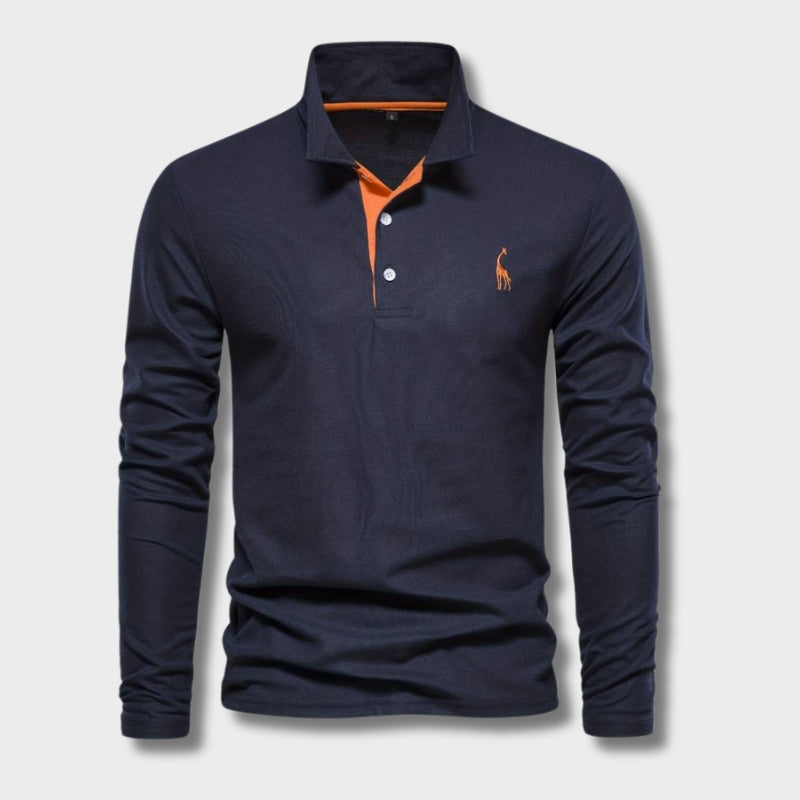 "Herr poloshirt med långa ärmar, bomullsblandning, subtila kontrasterande detaljer, modern stil och komfort."