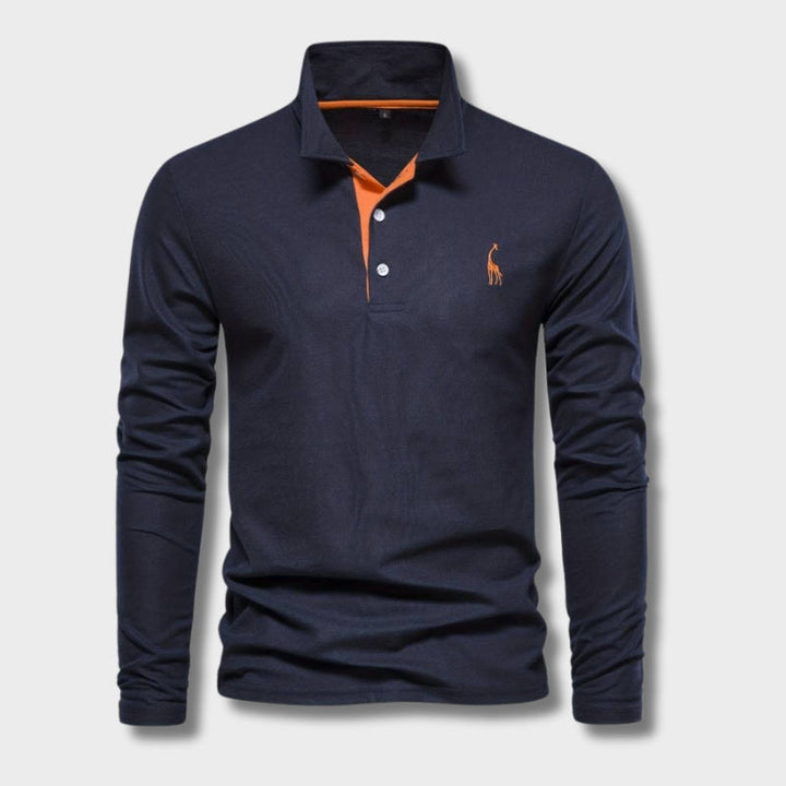 "Herr poloshirt med långa ärmar, bomullsblandning, subtila kontrasterande detaljer, modern stil och komfort."