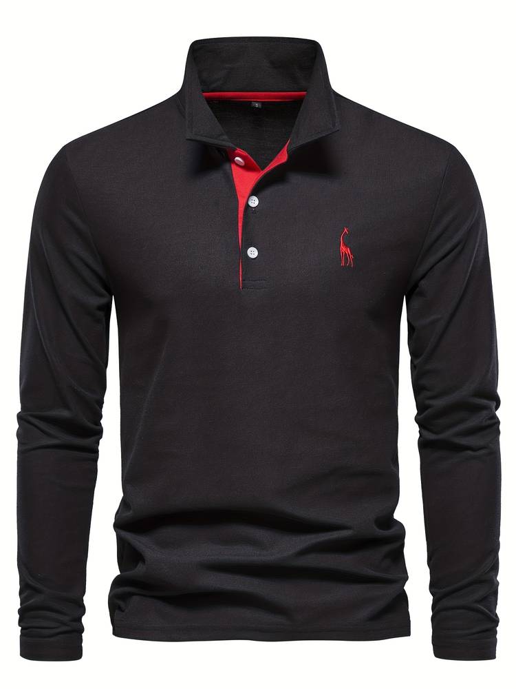 "Herr poloshirt med långa ärmar, bomullsblandning, subtila kontrasterande detaljer, modern stil och komfort."