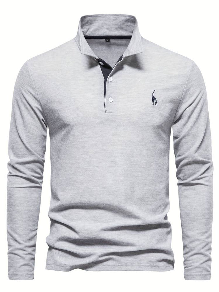 "Herr poloshirt med långa ärmar, bomullsblandning, subtila kontrasterande detaljer, modern stil och komfort."