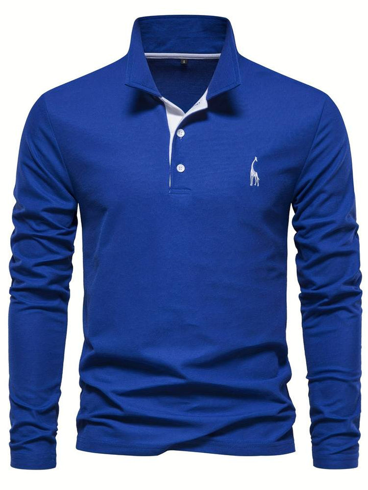 "Herr poloshirt med långa ärmar, bomullsblandning, subtila kontrasterande detaljer, modern stil och komfort."