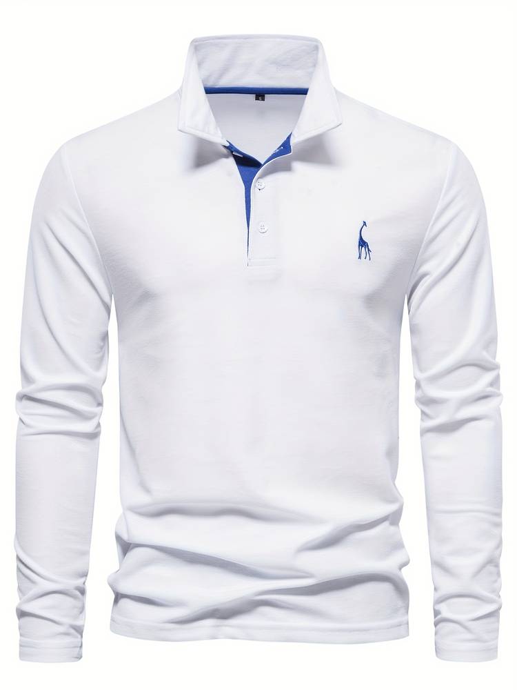 "Herr poloshirt med långa ärmar, bomullsblandning, subtila kontrasterande detaljer, modern stil och komfort."