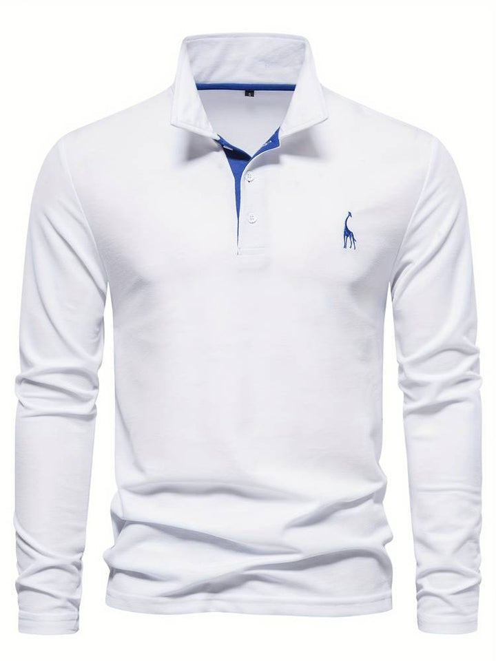 "Herr poloshirt med långa ärmar, bomullsblandning, subtila kontrasterande detaljer, modern stil och komfort."
