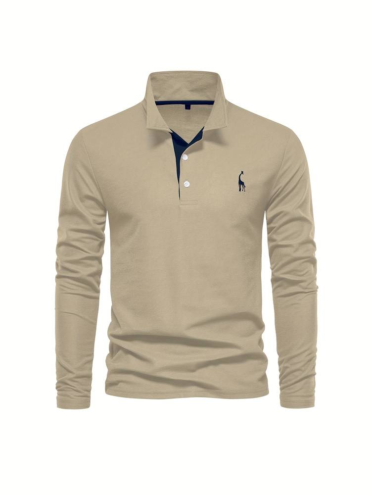 "Herr poloshirt med långa ärmar, bomullsblandning, subtila kontrasterande detaljer, modern stil och komfort."