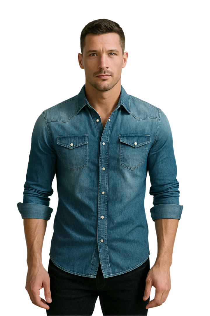 "Herr retro denim skjorta med button-down design i ljusblå. Elegant och mångsidig för casual och formella tillfällen."