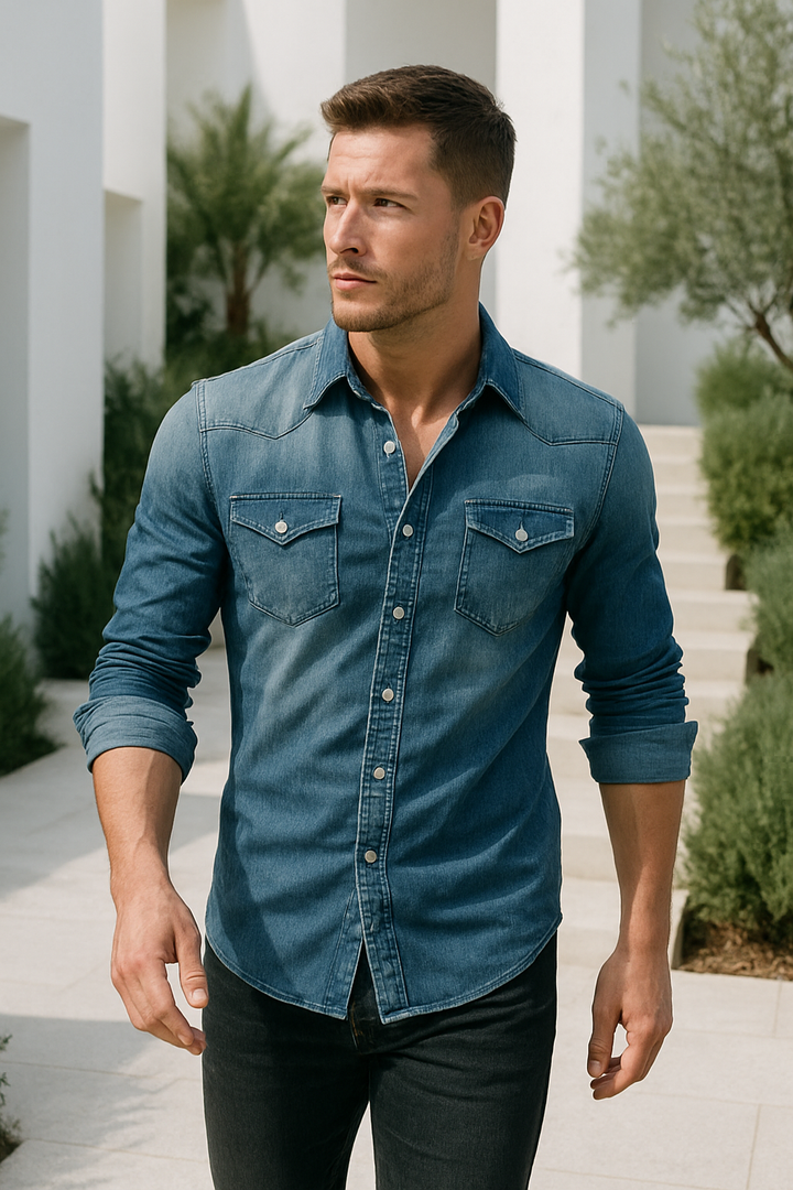 "Herr retro denim skjorta med button-down design i ljusblå. Elegant och mångsidig för casual och formella tillfällen."