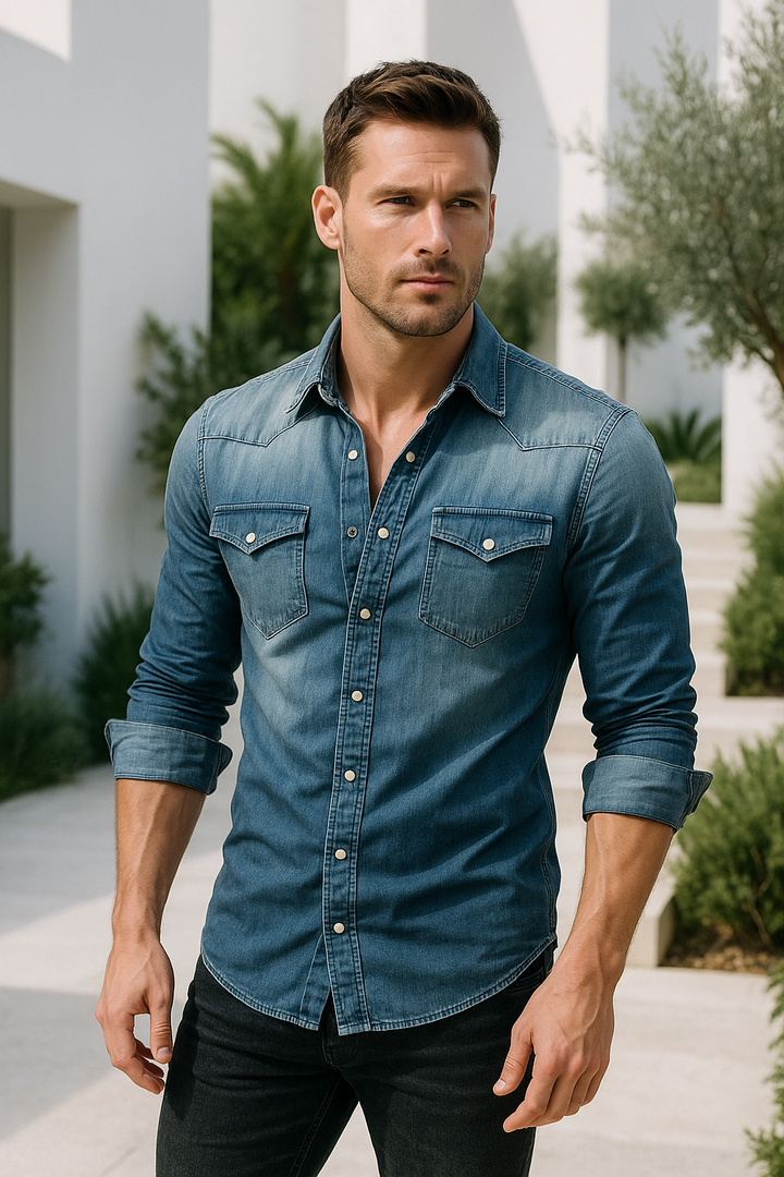 "Herr retro denim skjorta med button-down design i ljusblå. Elegant och mångsidig för casual och formella tillfällen."