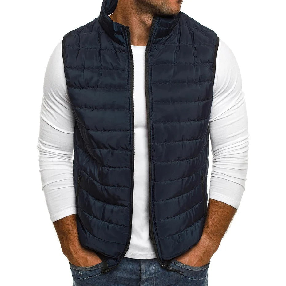 "Herr ärmlös bodywarmer väst med ståkrage, marinblå, elegant och funktionell med dragkedja och justerbar passform"