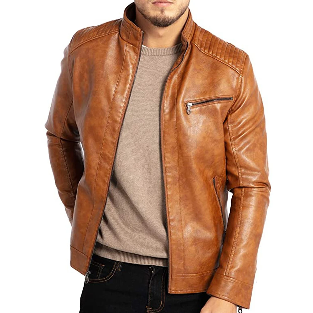 "Herr slim fit PU-läderjacka med smal krage, elegant och modern design med blixtlås, passar både vardag och fest."