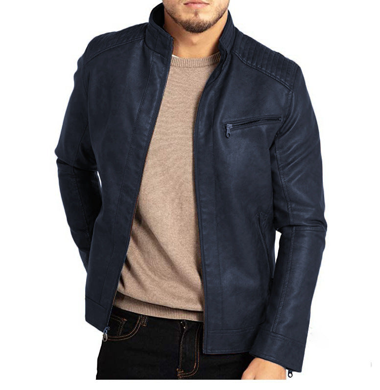 "Herr slim fit PU-läderjacka med smal krage, elegant och modern design med blixtlås, passar både vardag och fest."