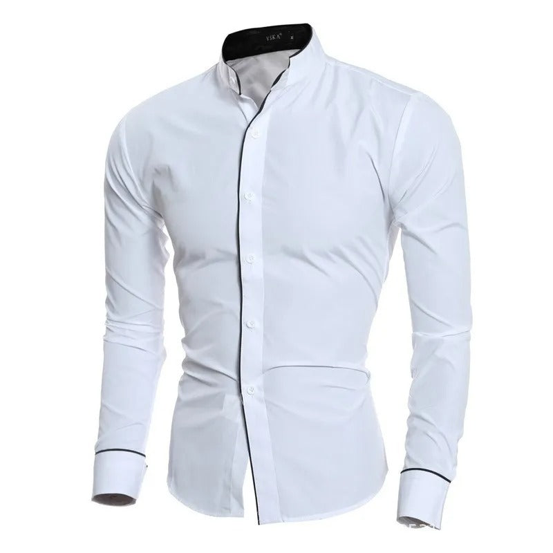 "Herr slim fit långärmad blus, elegant skräddarsydd design, andningsbart tyg, ideal för både formellt och avslappnat bruk."