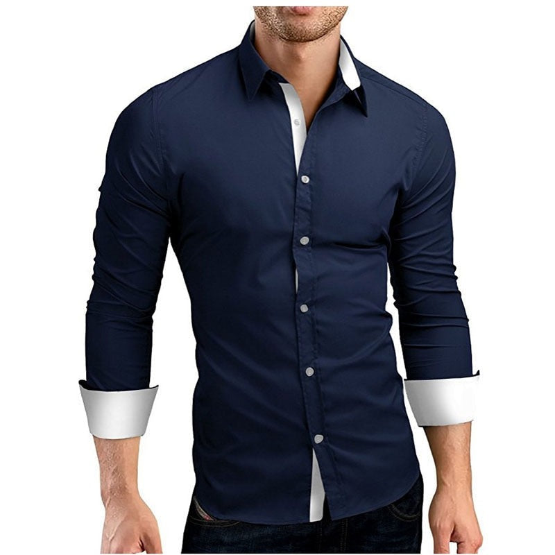 "Herr slim fit tvåfärgad skjorta, långärmad med kontrasterande detaljer, elegant design för både formella och casual tillfäll