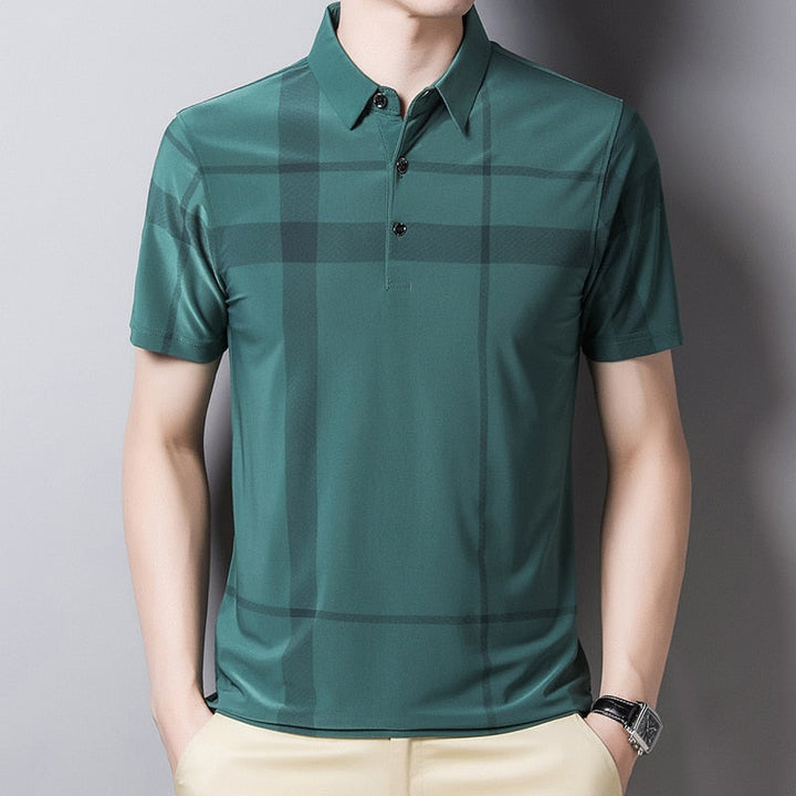 Herr Slim-Fit Rutig Pikétröja i grönt, med kortärmad design och stilrent mönster.