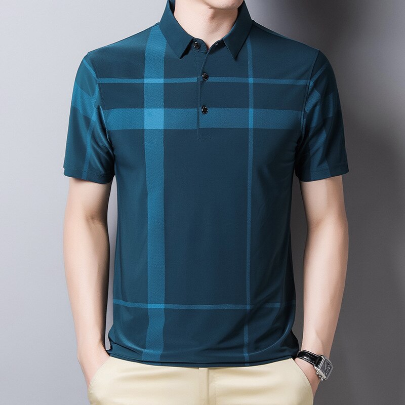 Herr Slim-Fit Rutig Pikétröja i blått, med kortärmad design och stilrent mönster.