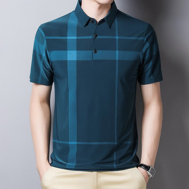 Herr Slim-Fit Rutig Pikétröja i blått, med kortärmad design och stilrent mönster.