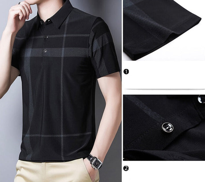 Detaljbild av kragen på Herr Slim-Fit Rutig Pikétröja.